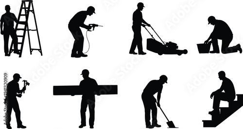 PrintBlack vector silhouettes of construction workers performing various manual labor and home maintenance tasks.
