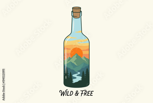 A creatively designed bottle showcases a beautiful landscape within, symbolizing the essence of being wild and free, and the desire for adventure embedded in nature.