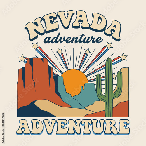 This vibrant abstract landscape illustration represents Nevada's stunning scenery, featuring mountains, cacti, and sunshine, highlighting the sense of adventure and exploration.