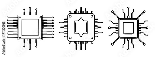 Quantum computer chip set with flat vector icon and sleek lines featuring next-gen technology, symbol, isolated on white background with minimal and grayscale