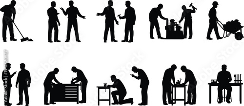 PrintBlack vector silhouettes of construction workers and craftsmen performing various manual workshop labor tasks.
