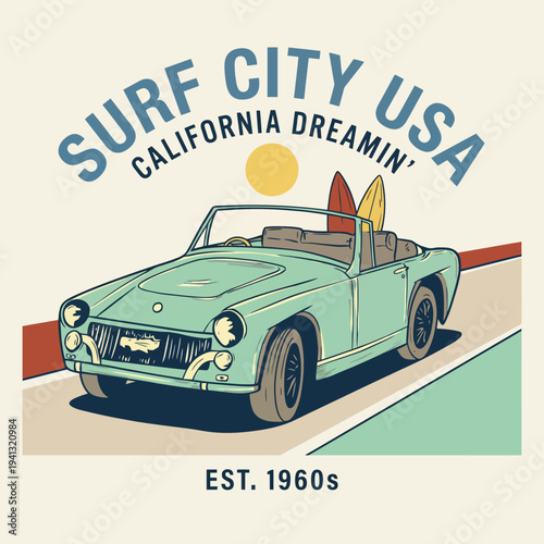 This vintage-style illustration captures the essence of California with a convertible car and surfboards, symbolizing freedom, adventure, and a laid-back lifestyle.