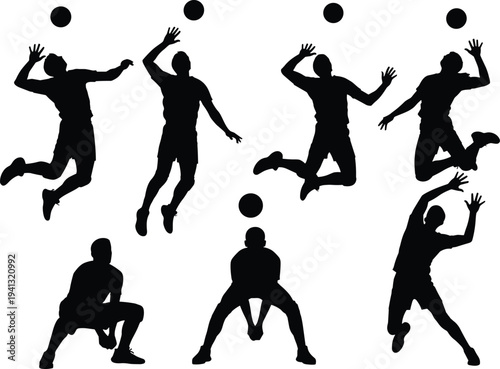 PrintBlack vector silhouettes of volleyball players jumping spiking and serving during competitive sports match.
