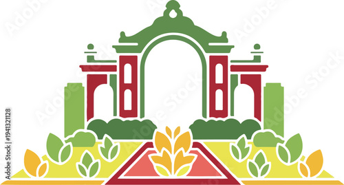 India Gate monument vector illustration with leaves and archway
