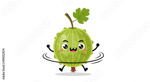 Vector illustration of a happy green melon cartoon character jumping rope