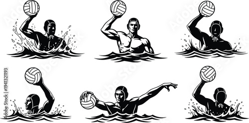 PrintBlack vector silhouettes of water polo players swimming and throwing balls in the water.