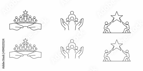 Community Support Stroke Icon Collection. Containing Teamwork, Helping Hands, Leadership, Care and Collaboration icons.