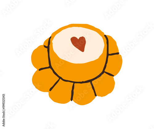 Coffee cup with latte art. Cappuccino with milk foam and heart decoration on top. Hot cappucino beverage on saucer, cute whimsical morning drink. Flat vector illustration isolated on white background