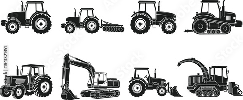 PrintBlack vector silhouettes of various agricultural tractors and heavy duty industrial machinery equipment.