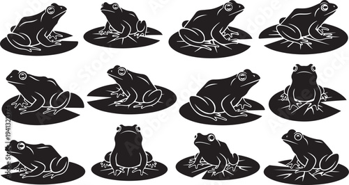 Set of black and white frog silhouettes on lily pads