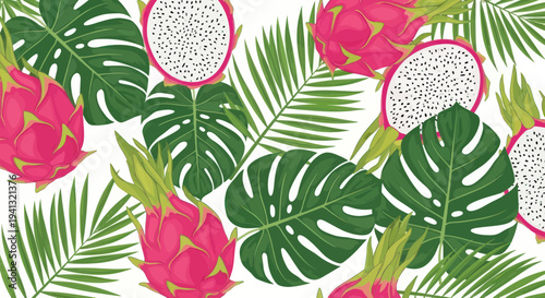 Tropical Dragon Fruit and Palm Leaves Pattern