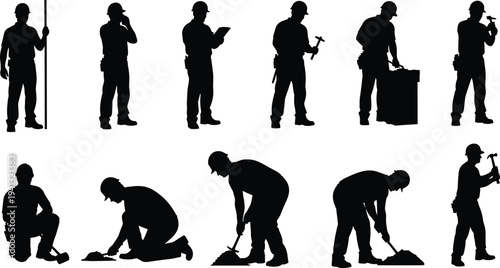 PrintBlack vector silhouettes of construction workers performing various manual labor tasks and building activities.