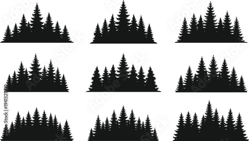 PrintSet of black pine forest tree silhouettes isolated on a clean white background.