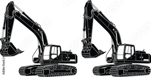 PrintBlack and white vector illustration of two heavy duty industrial crawler excavator machines.