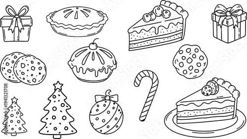 Black and white illustration of christmas treats and decorations