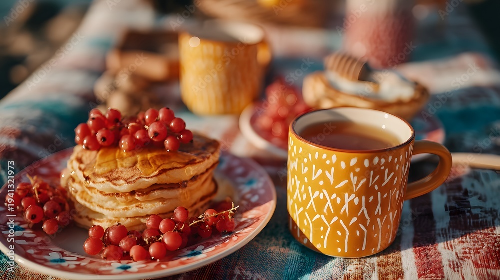 Fototapeta premium Golden sunlight bathes a rustic breakfast scene