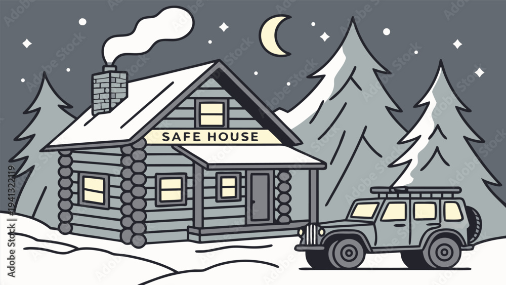 Fototapeta premium Cozy Winter Cabin Safe House in Snowy Mountain Forest Night Illustration