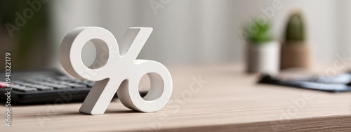 Wooden percent symbol placed on a table in a modern interior with soft natural light. Concept of finance, interest rate, pricing, savings, investment, analysis, and minimal workspace. banner 
