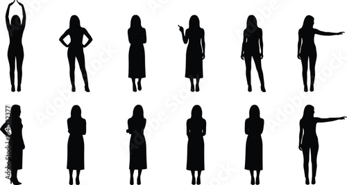 Woman silhouette poses collection, standing female characters vector set isolated fashion people silhouettes for design