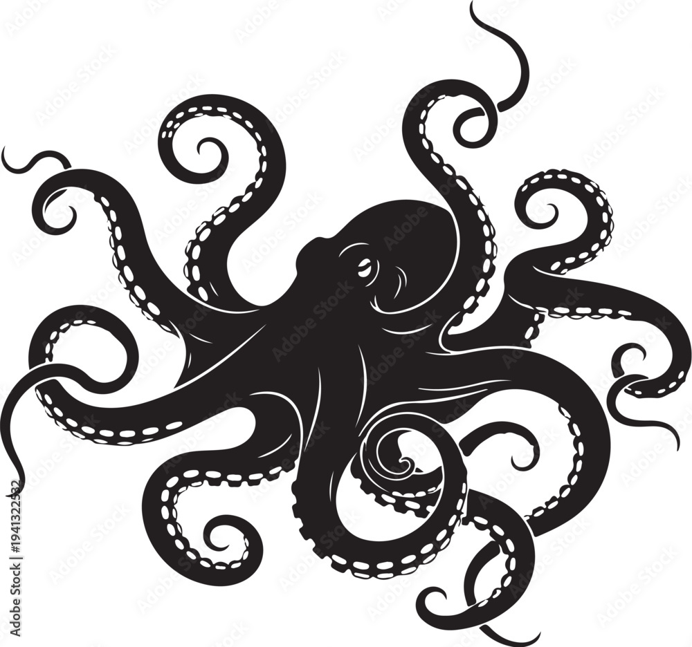 Fototapeta premium Black octopus with tentacles on white background illustration art