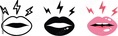 Minimalist stylized lips icon set with outline, black and pink designs featuring lightning bolt accents in clean vector style