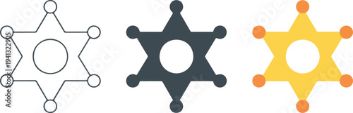 Minimalist sheriff star icon set with outline, gray and yellow designs showing law enforcement, western badge, and security concept