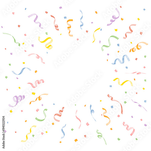 水彩風の紙吹雪とカールリボンが広がる手描きセレブレーション背景 円形スペース付きベクター