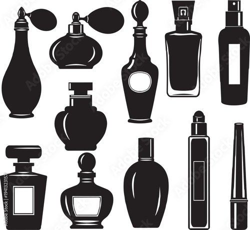 Vector illustration set of different glass and plastic bottles for wine, beer, perfume, and cosmetics icons featuring silhouettes designed for bar, kitchen, and beauty industry symbols