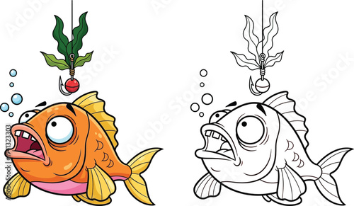 Amusing Cartoon Goldfish Looking Shocked at Fishing Hook with Bait Ideal for Humor and Coloring Books