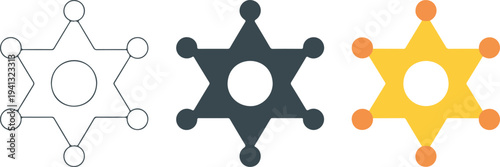 Minimalist sheriff star icon set with outline, gray and yellow designs showing law enforcement, western badge, and security concept