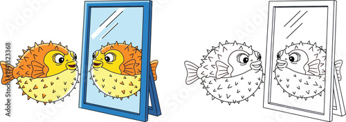 Humorous Cartoon Pufferfish Looking at Its Reflection in a Mirror Fun for Coloring Books