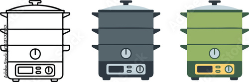 Minimalist electric steamer cooker icon set with outline, gray and lime green designs showing three-tier kitchen appliance vector