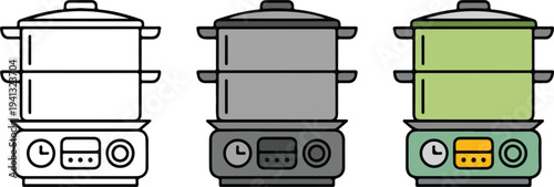 Minimalist electric steamer cooker icon set with outline, gray and lime green designs showing three-tier kitchen appliance vector