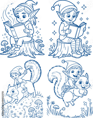 Elf reading book on tree stump and riding squirrel through forest Coloring Book page Bundle