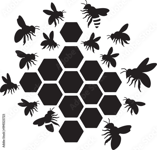 Black bees and honeycomb silhouettes on white background illustration