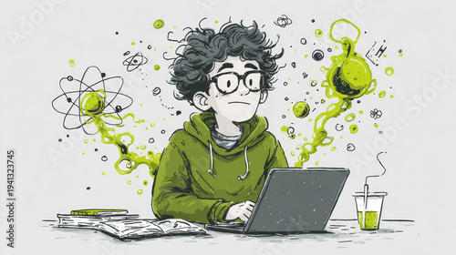 Curly-Haired Teen Engrossed in Science Project with Laptop and Sketches