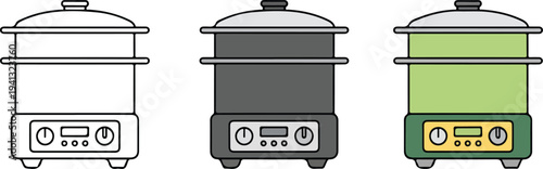 Minimalist electric steamer cooker icon set with outline, gray and lime green designs showing three-tier kitchen appliance vector
