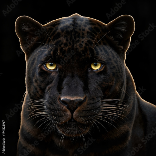 Black panther close-up face with piercing yellow eyes on black background  