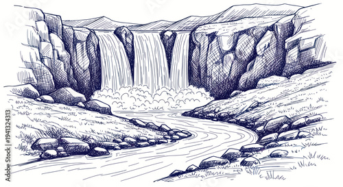 Hand Drawn Waterfall Illustration in Rocky Canyon Landscape