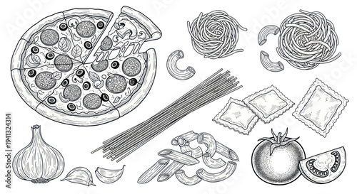 Hand-drawn Italian Food: Pizza, Pasta, Ravioli, Garlic, Tomato, Ingredients
