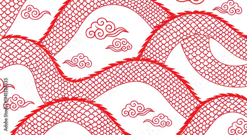 Red Dragon Scales and Clouds Pattern - Asian Mythology Design