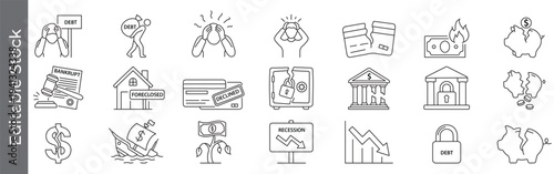 Debt, bankruptcy, and financial crisis icon set – editable outline symbols of recession, foreclosure, crisis, decline, loss and money problem