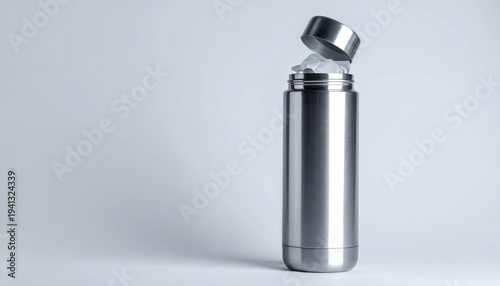 Sleek stainless steel insulated water bottle with open lid against plain background, symbolizing sustainability, modern design, and beverage temperature control.