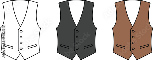 Minimalist waistcoat icon set with outline, gray and brown designs featuring V-neck formal vests with buttons and pockets