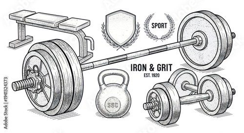 Vintage Fitness Equipment: Barbell, Dumbbells, Kettlebell, Bench - Sketch Style