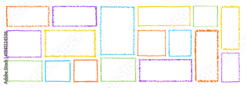 Colorful kindergarten crayon frame with hand-drawn doodle border vector illustration set. Cute childish design perfect for school projects, children s art, and playful text backgrounds.