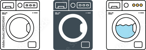 Minimalist washing machine icon set with outline, gray and blue-tinted designs showing front-loading laundry appliances in clean vector style