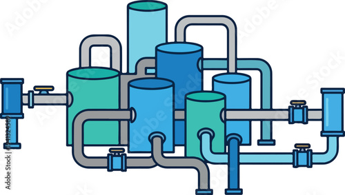 Industrial pipeline system vector illustration, process equipment and tanks