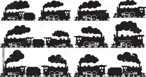 Vintage steam trains in various positions and smoke patterns