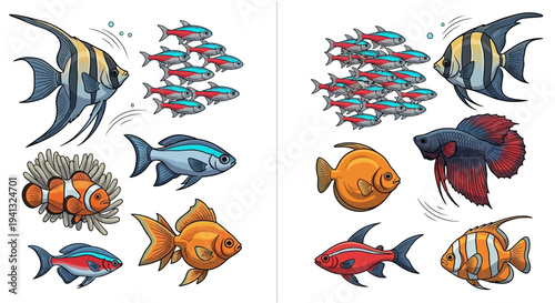 Colorful Fish School Swimming Together.